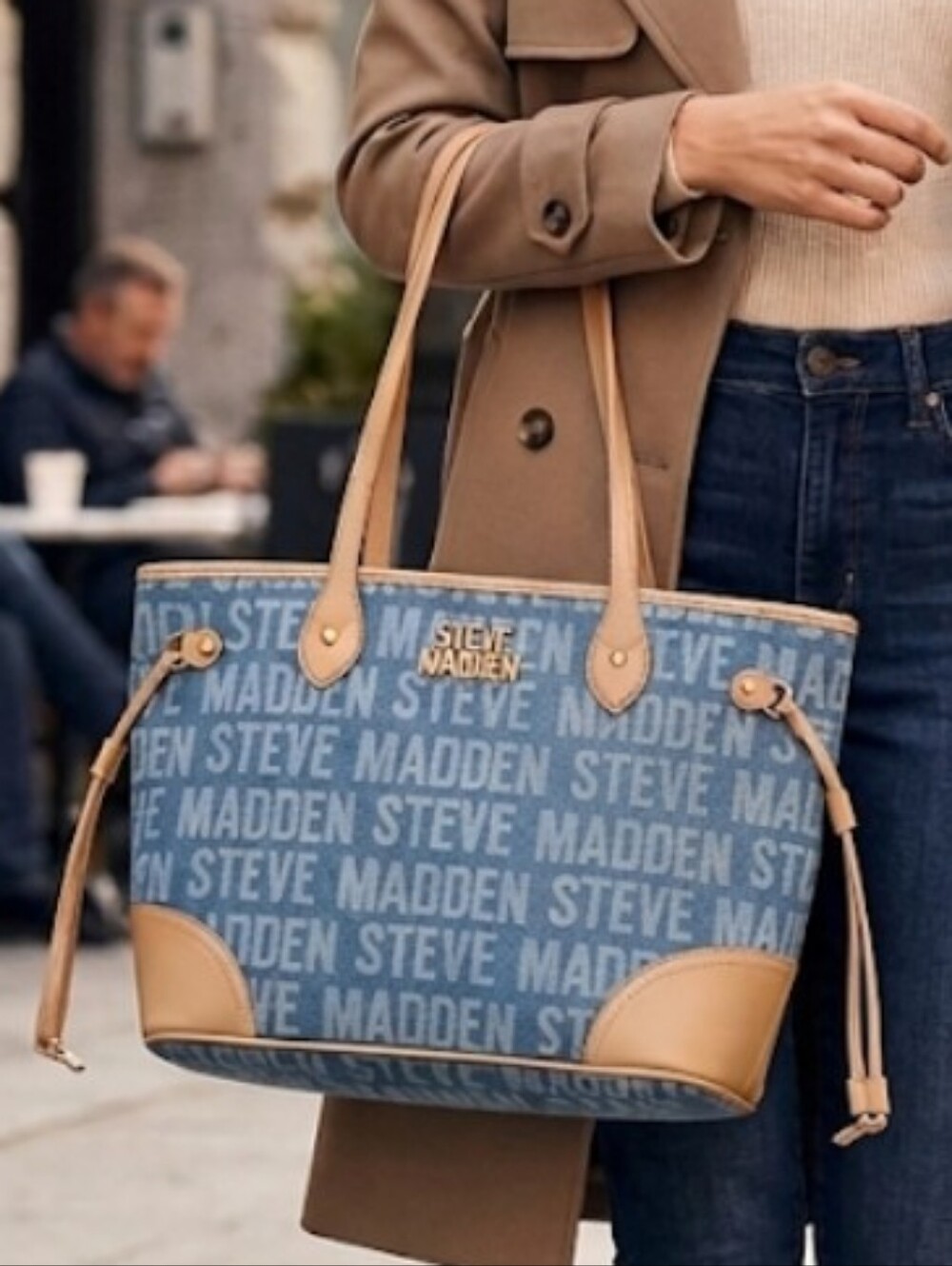 Steve Madden Blue Denim Monogram Logo Tote Bag